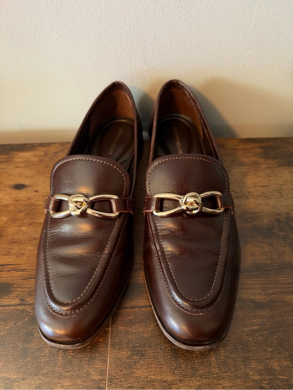 Women’s Brown Leather Slip-On Loafers with Gold Bit Accent